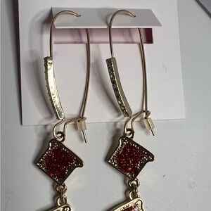 Betsey Johnson Gold and Red Glitter Pierced Earrings with Crystals